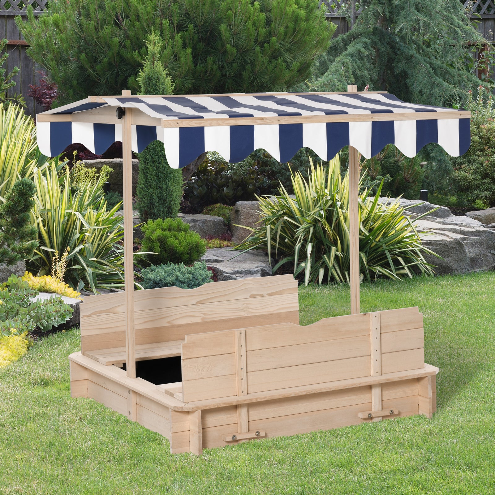 Kids Square Wooden Sandpit Children Cabana Sandbox Outdoor Playset | Blue
