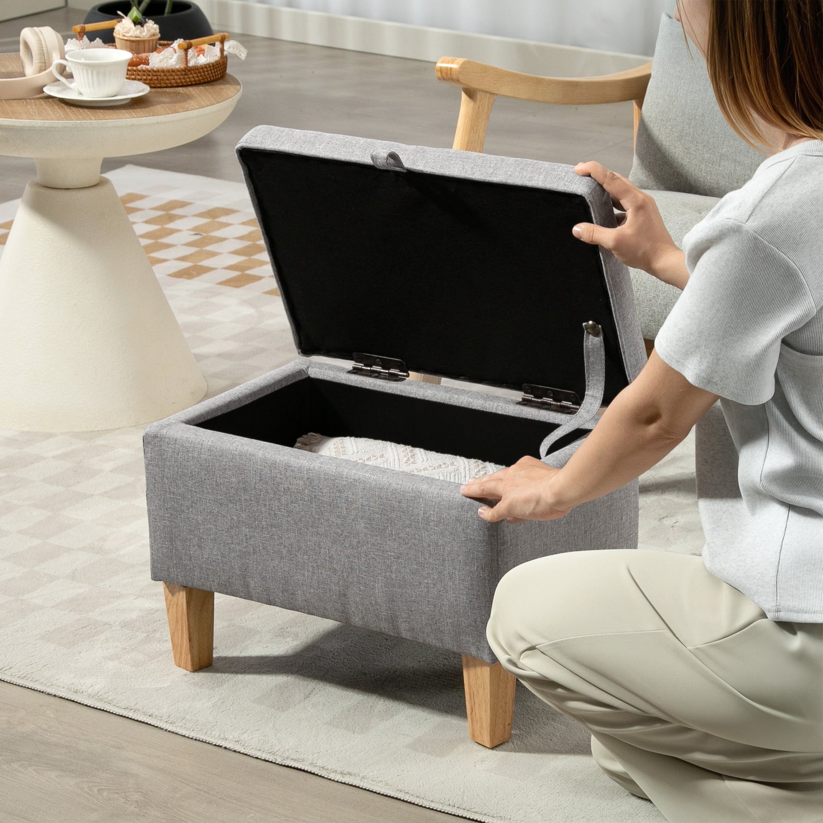 Linen Storage Ottoman Storage Box With Rubberwood Legs | Light Grey
