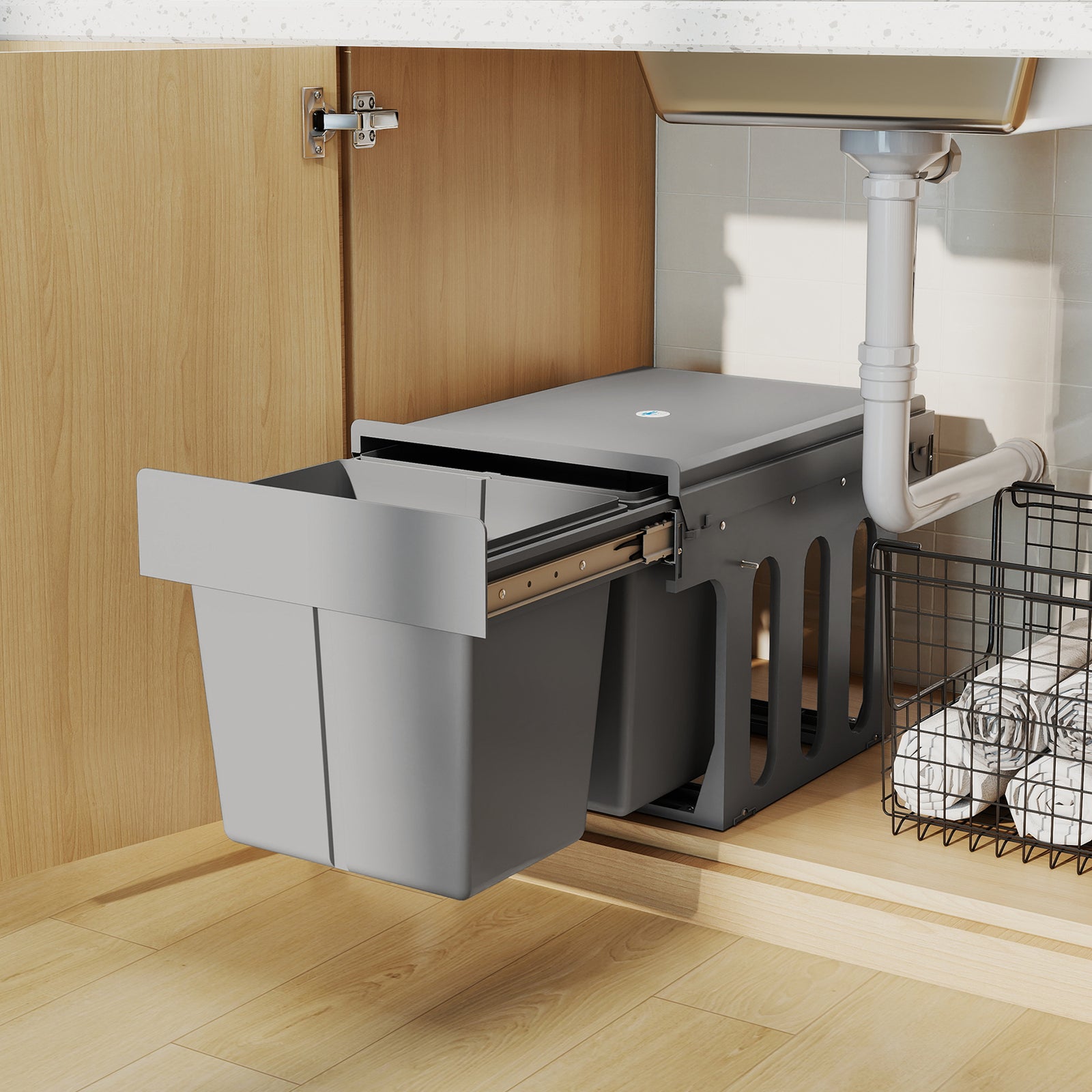HOMCOM Soft Close Pull Out Bin, Under Sink Bin - 2 Compartments (15l Each)