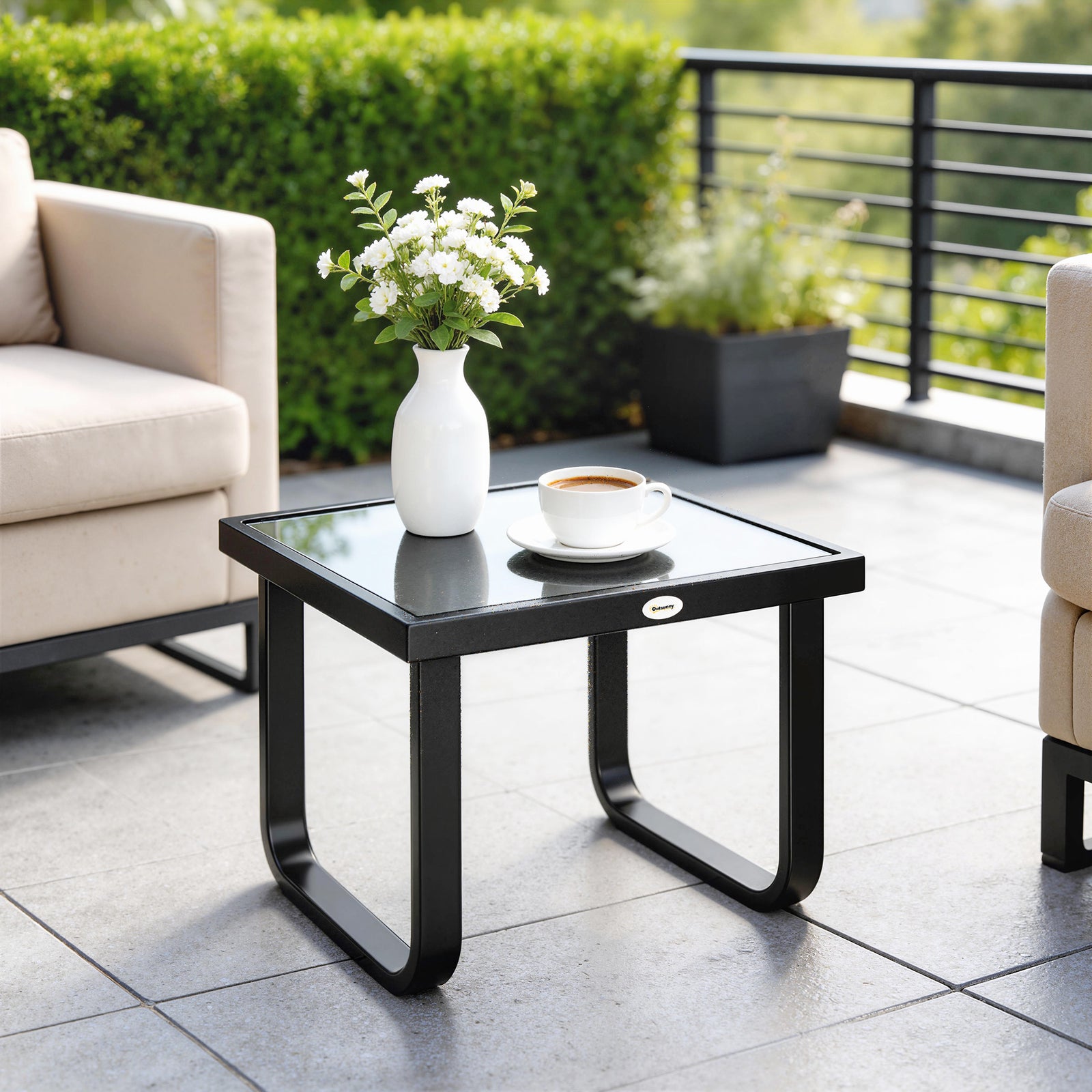 Garden Coffee Table Outdoor Side Table With Glass Top | Small | Black