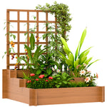 3 Tier Wooden Garden Planters With Trellis For Vine Climbing Plants | Brown