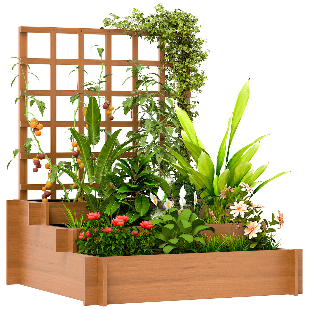 3 Tier Wooden Garden Planters With Trellis For Vine Climbing Plants | Brown