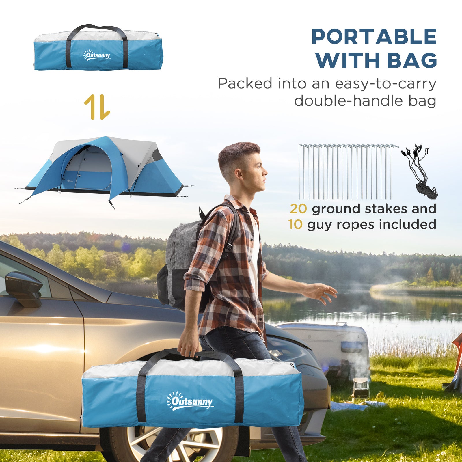 3000mm Waterproof Camping Tent W/ Porch Sewn In Groundsheet | Blue