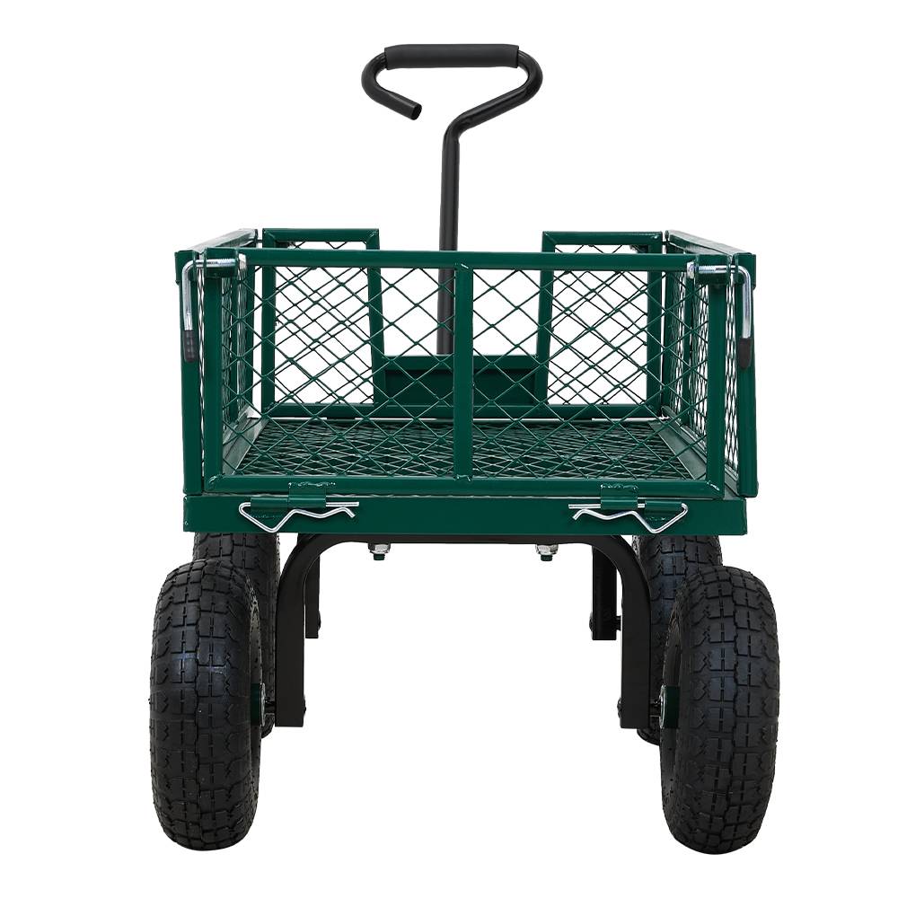 Heavy Duty Garden Trolley Cart On Wheels, 500 Lbs Capacity Large Metal Utility Wagon With Removable Sides, Pneumatic Tires | Green