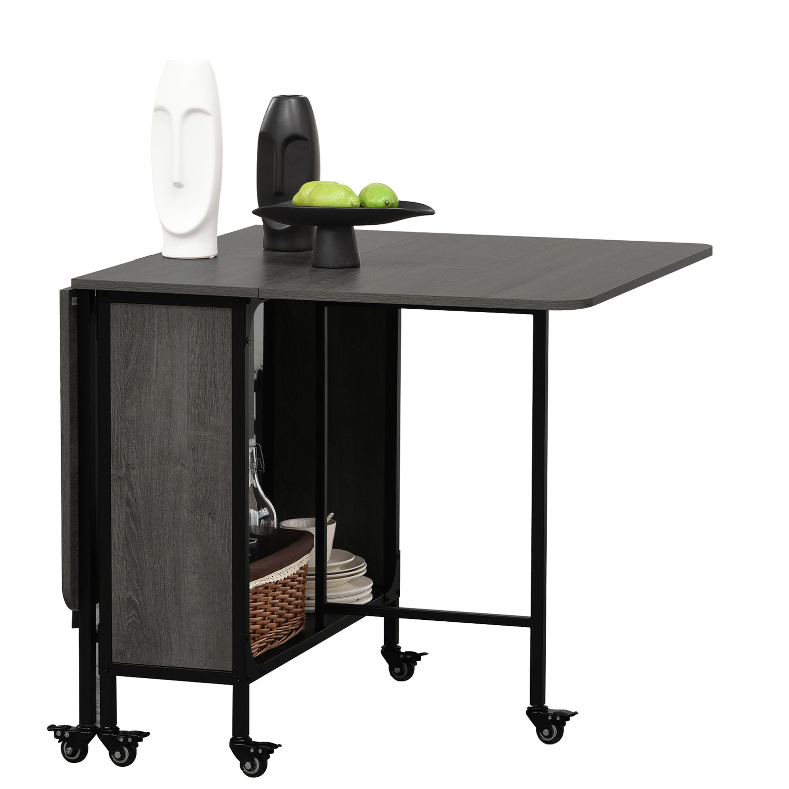 Mobile Drop Leaf Dining Table On Wheels With Storage Shelf