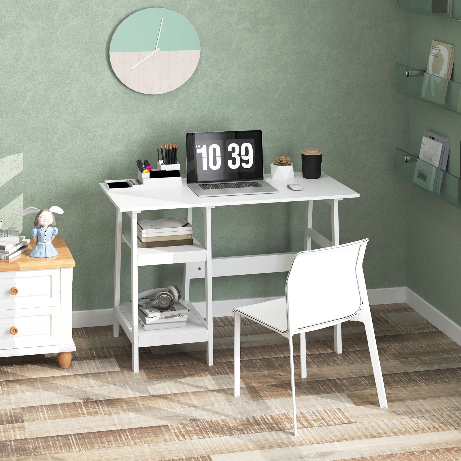 Compact Computer Desk With Storage Shelves For Home Office | White
