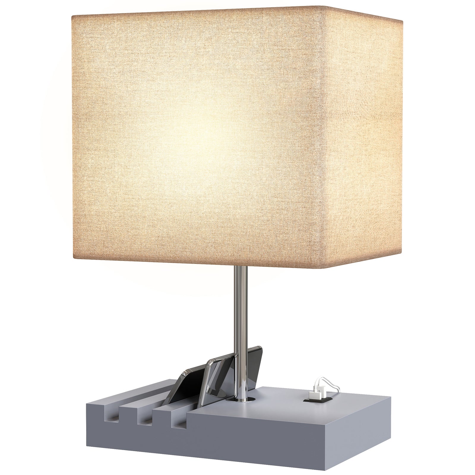 Table Lamp With 3 Slots, Bedside Lamp With Solid Wood Base | Grey