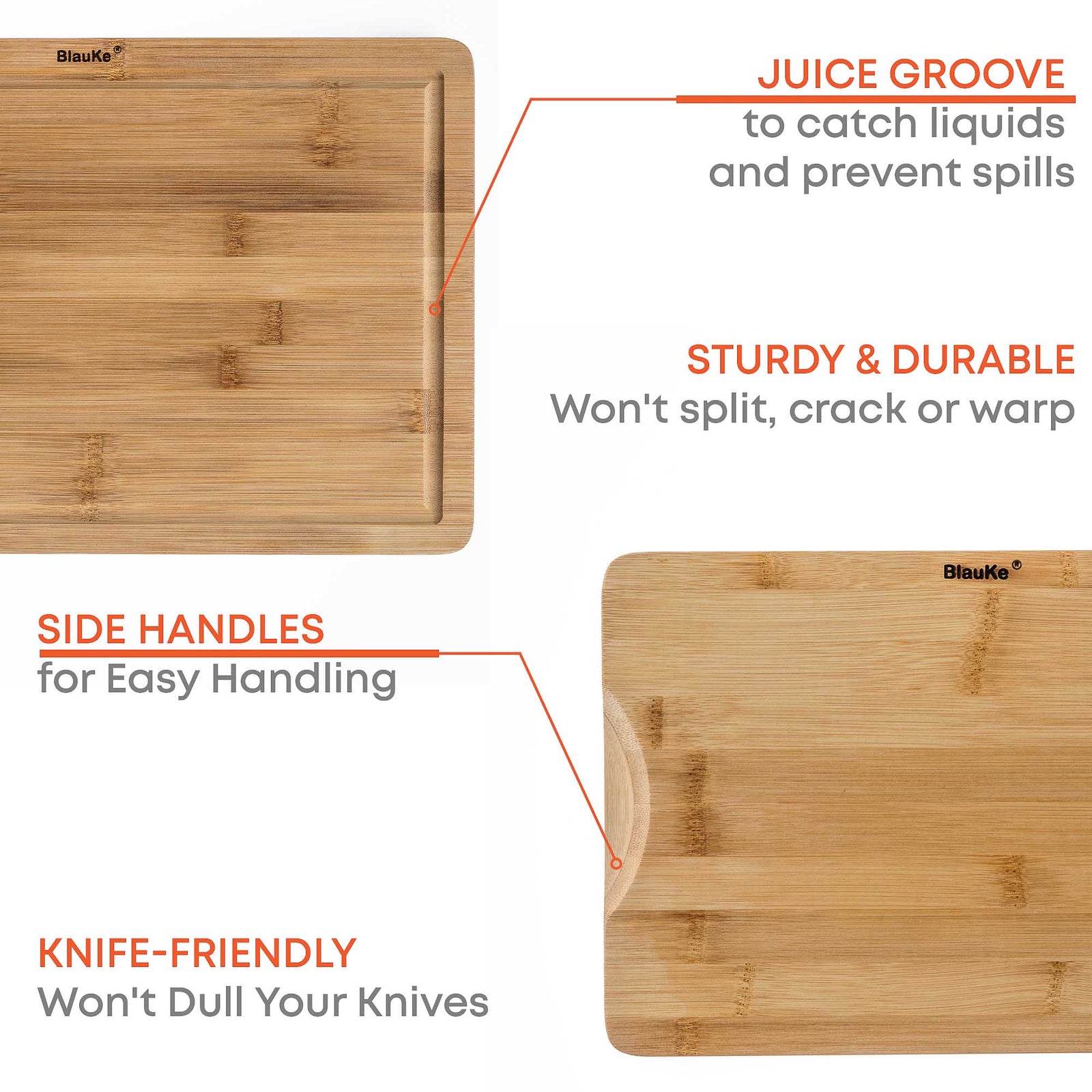 BlauKe Wood Cutting Boards For Kitchen - Bamboo Cutting Board Set With Juice Groove And Handles - Wooden Chopping Board