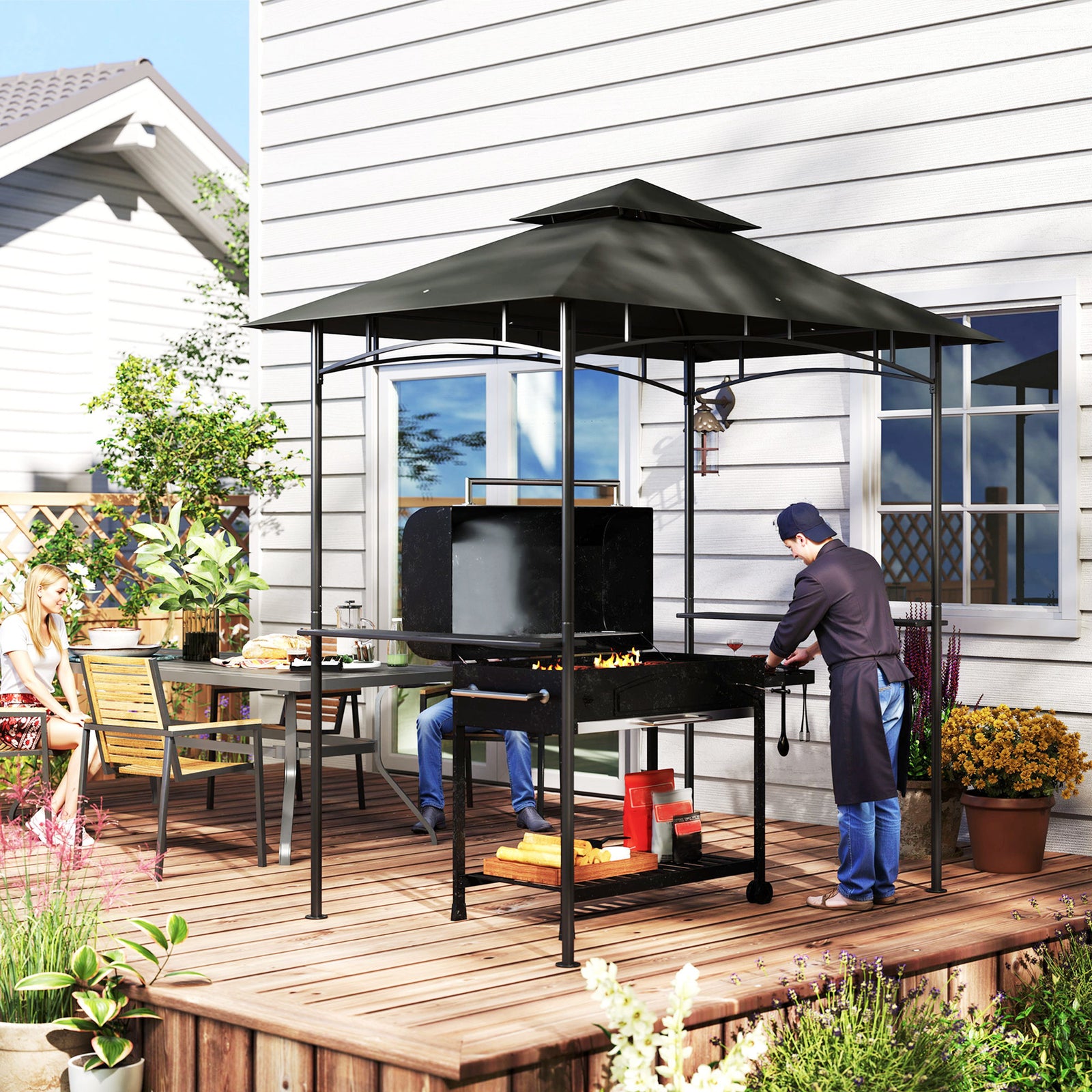 8' X 5' Grill Gazebo, Double Tiered Outdoor Bbq Shelter | Dark Gray