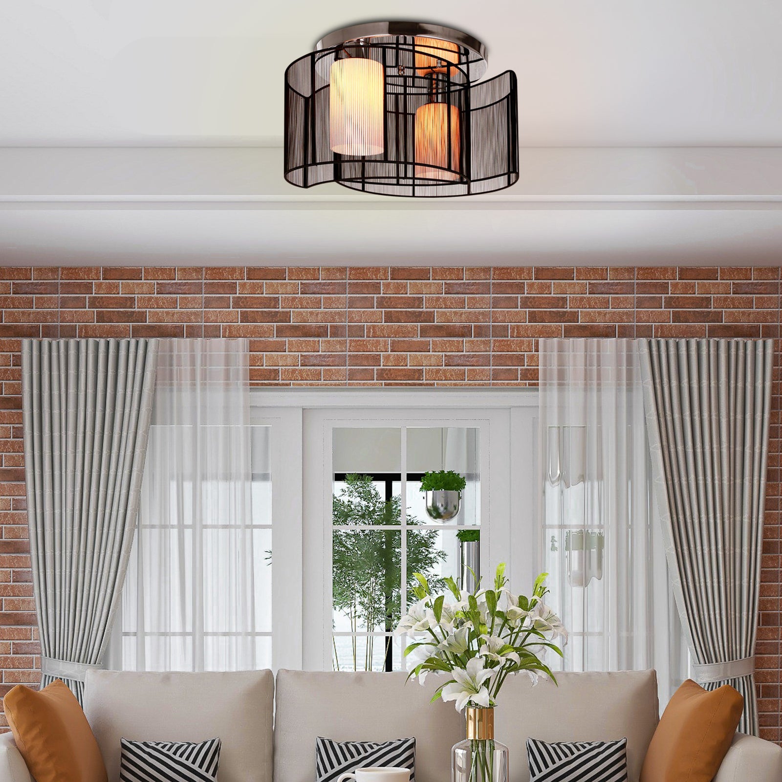 Flush Mount Ceiling Light W/ Wire Drawing Lampshade Chrome