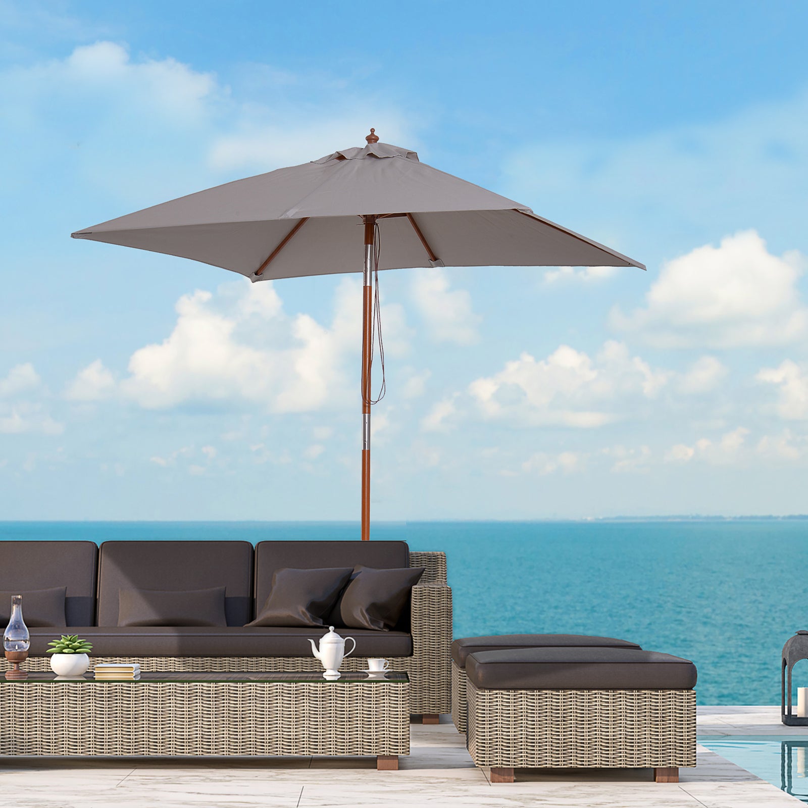 2x1.5m Wooden Patio Umbrella Parasol | Gray