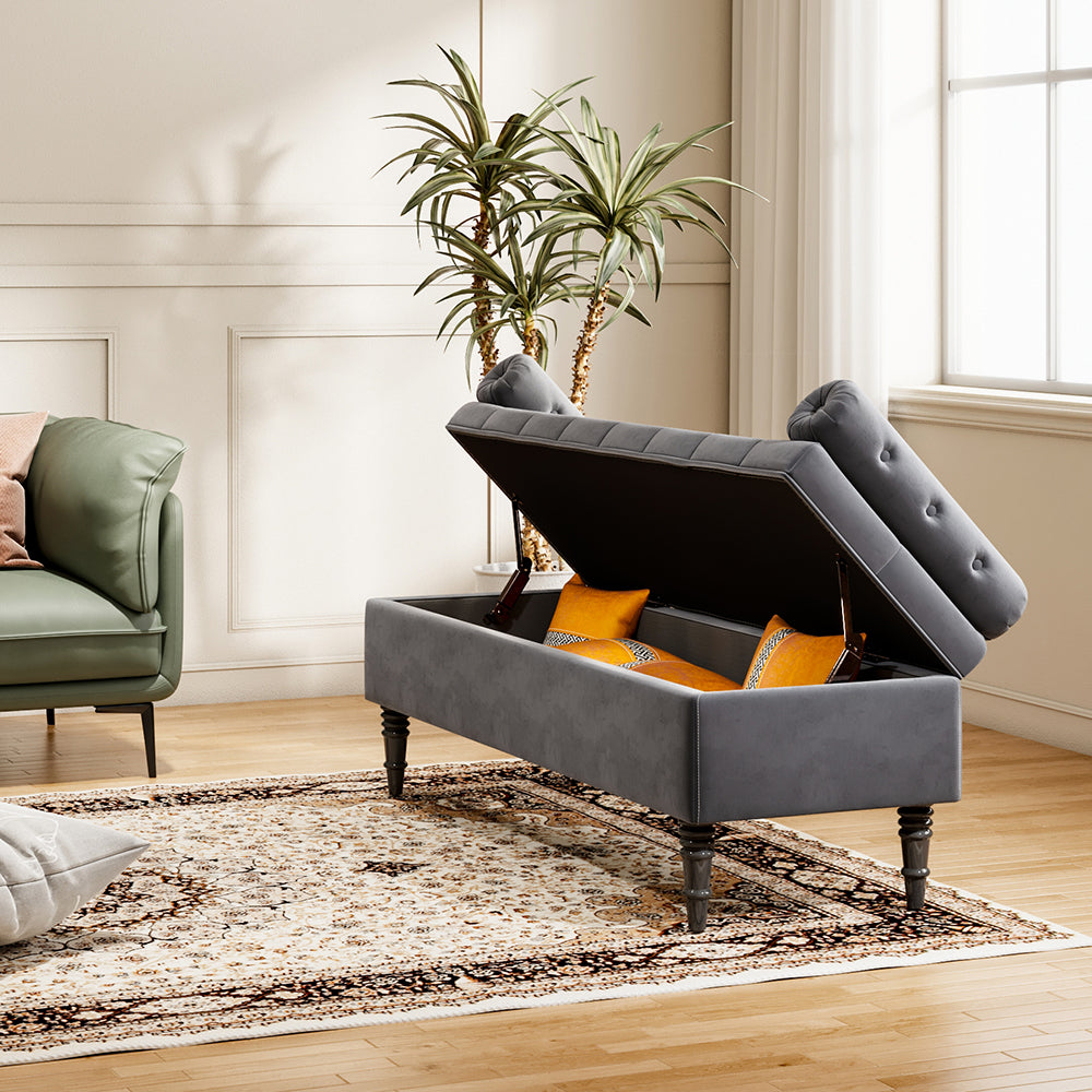 Velvet Upholstered Storage Ottoman Bench With Pillowed Armrests – Hidden Compartment, 126cm W
