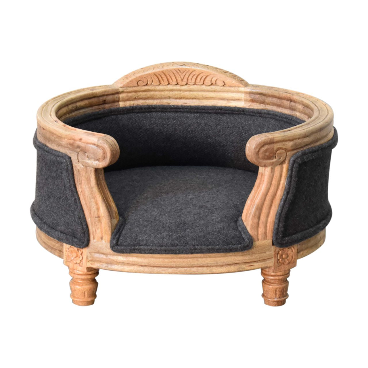 Solid Mango Wood, Upholstered Carved Battleship Tweed Pet Bed