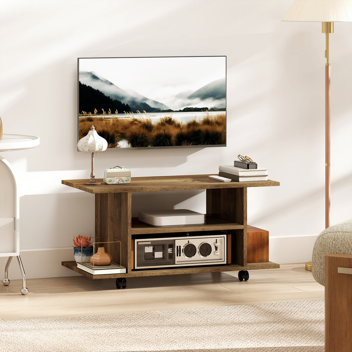 HOMCOM Modern Tv Cabinet Stand Storage Shelves Table Mobile Walnut