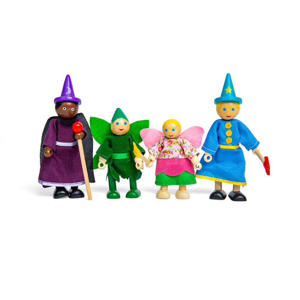 4 Wooden Fantasy Figures, Witch, Wizard, Pixie & Fairy