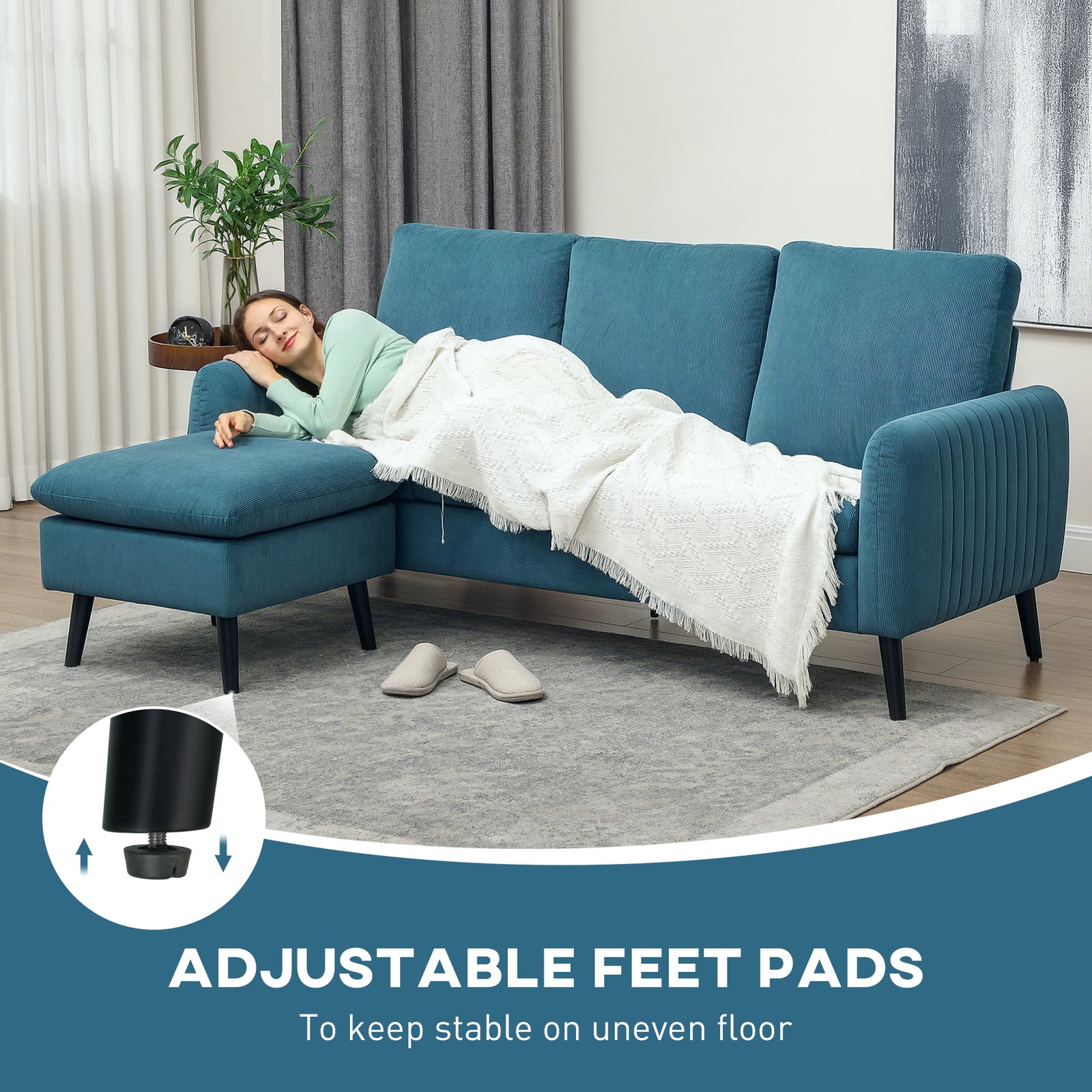 3 Seater Corner Sofa Couch Settee With Chaise Lounge | One Size | Blue