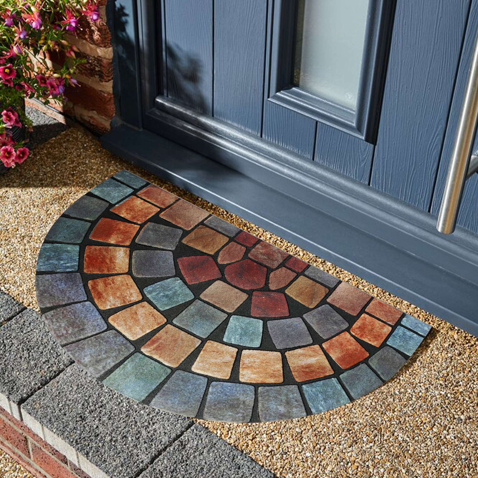 Elegant Tile Effect Halfmoon Doormat | Blue