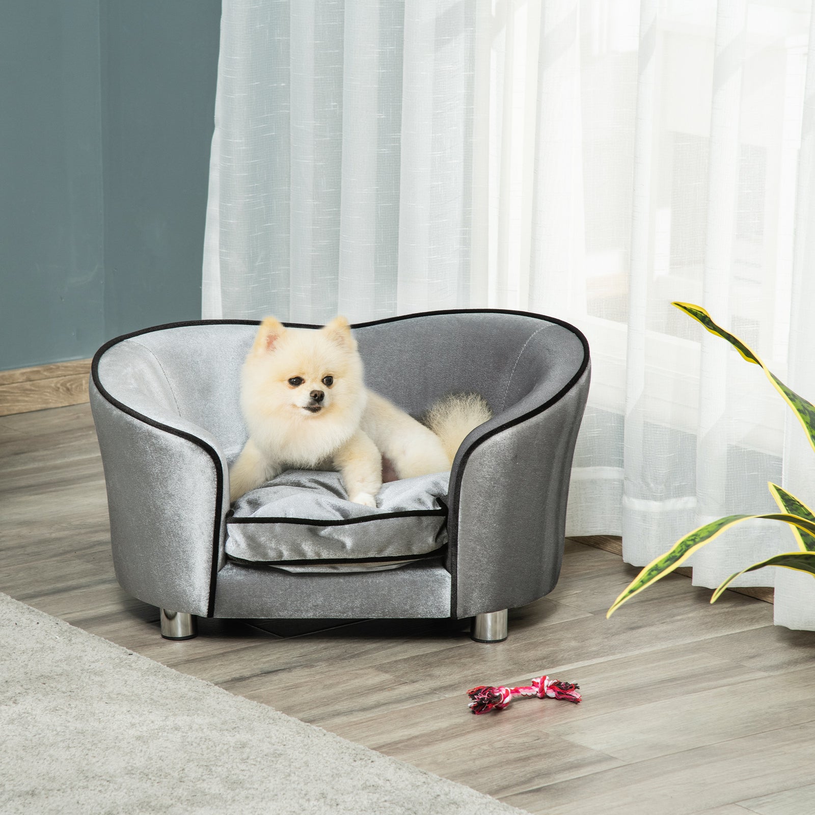 Dog Sofa Pet Chair, Kitten Bed Couch W/ Wooden Frame, Removable Cushion
