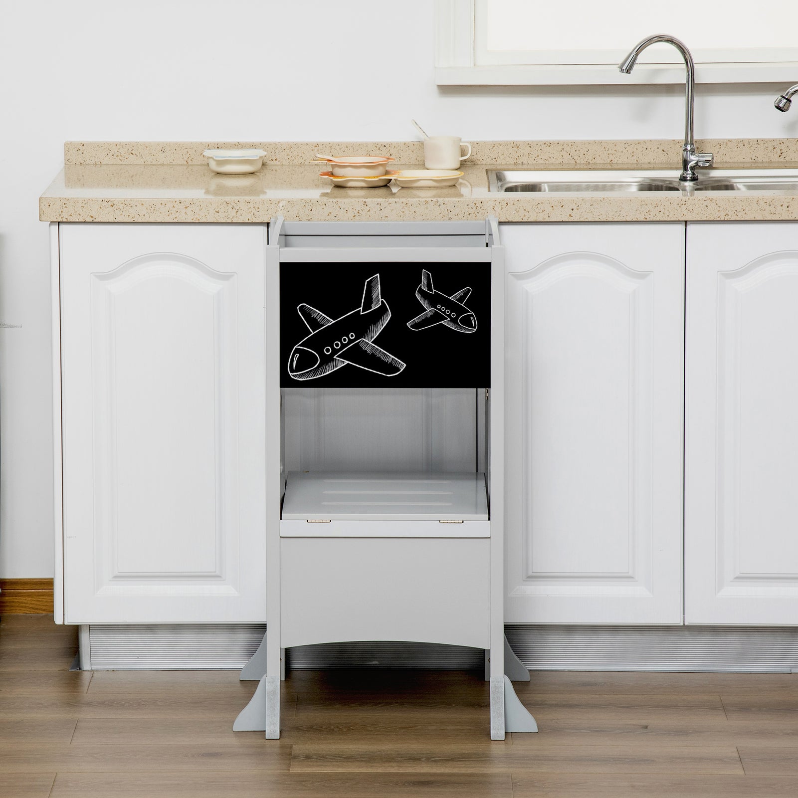 Kids Step Stool Toddler Kitchen Stool With Blackboard Lockable Handrail | Grey