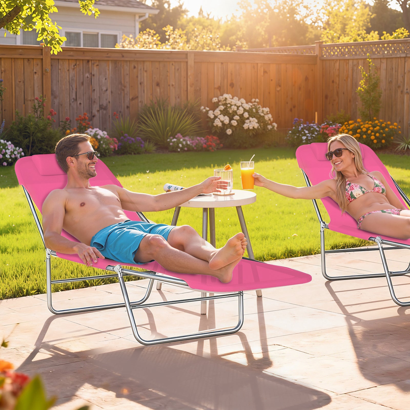 Adjustable Sun Bed Garden Lounger Recliner Relaxing Camping | Pink
