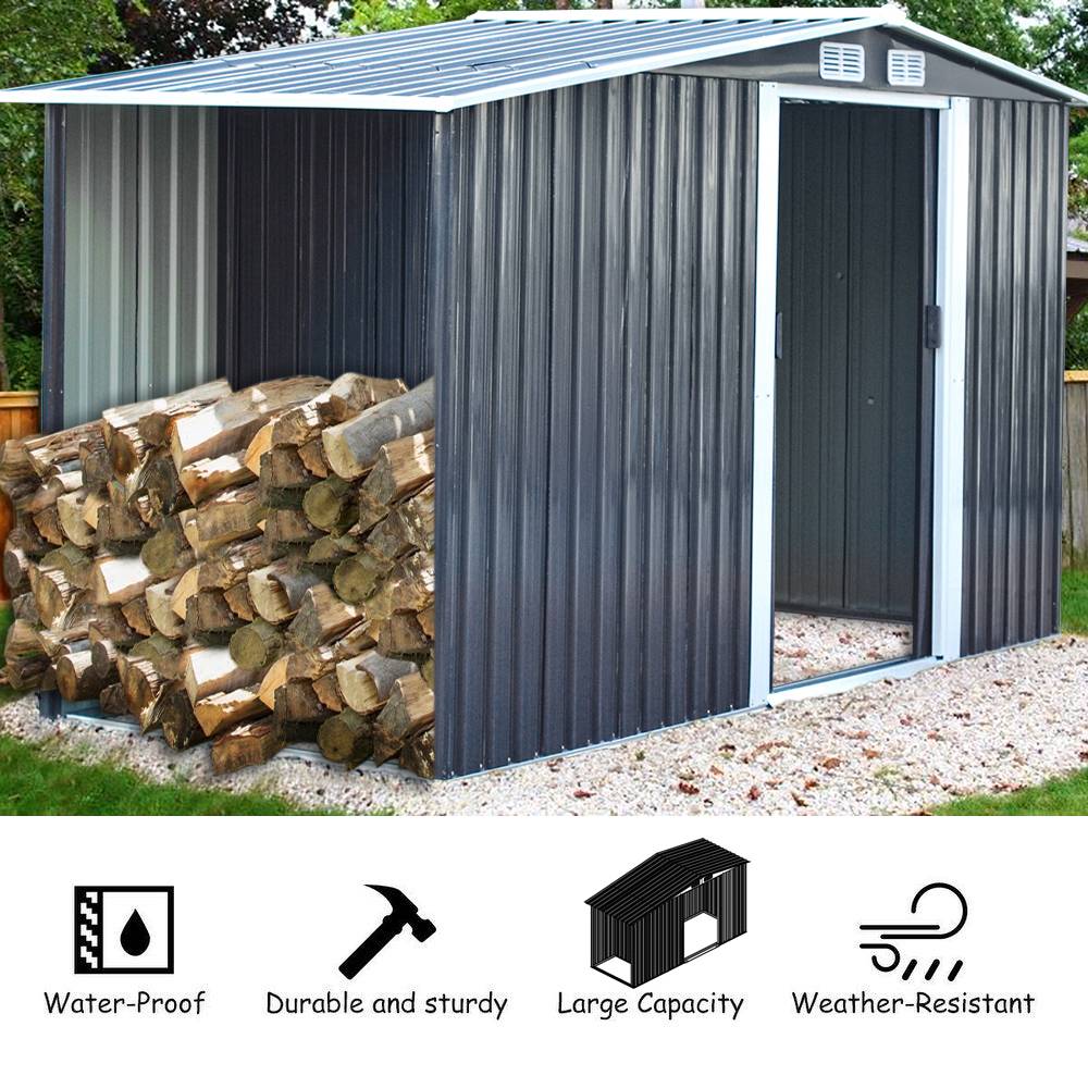4x8ft Heavy Duty Garden Metal Shed With  Extra 66cm Outdoor Weatherproof Firewood Tool Storage Rack