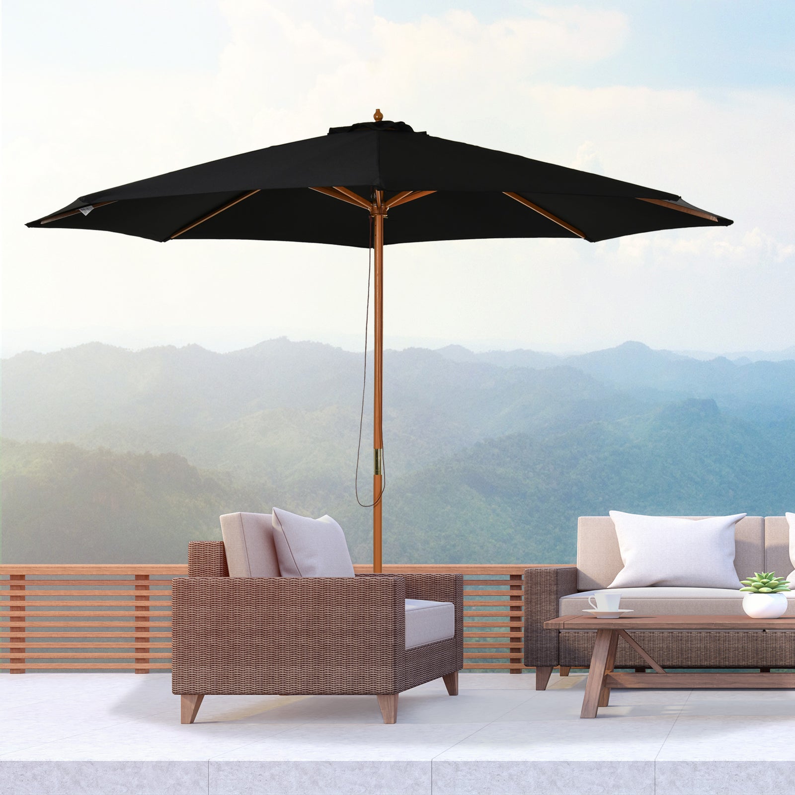 3m Wooden Bamboo Parasol Outdoor Umbrella Canopy | Black