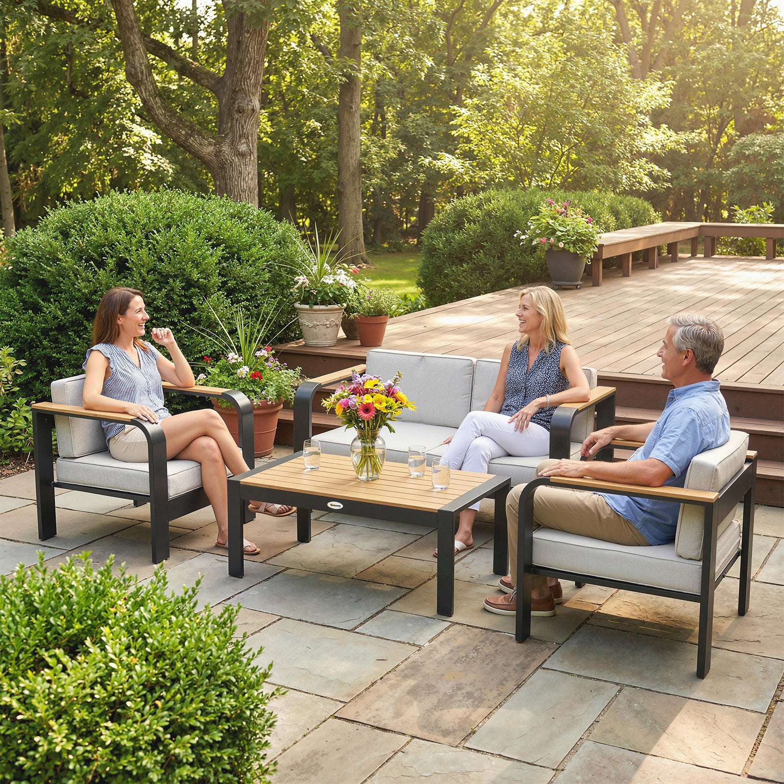 Outsunny 4 Seater Aluminium Garden Furniture Set With Olefin Cushions, Beige