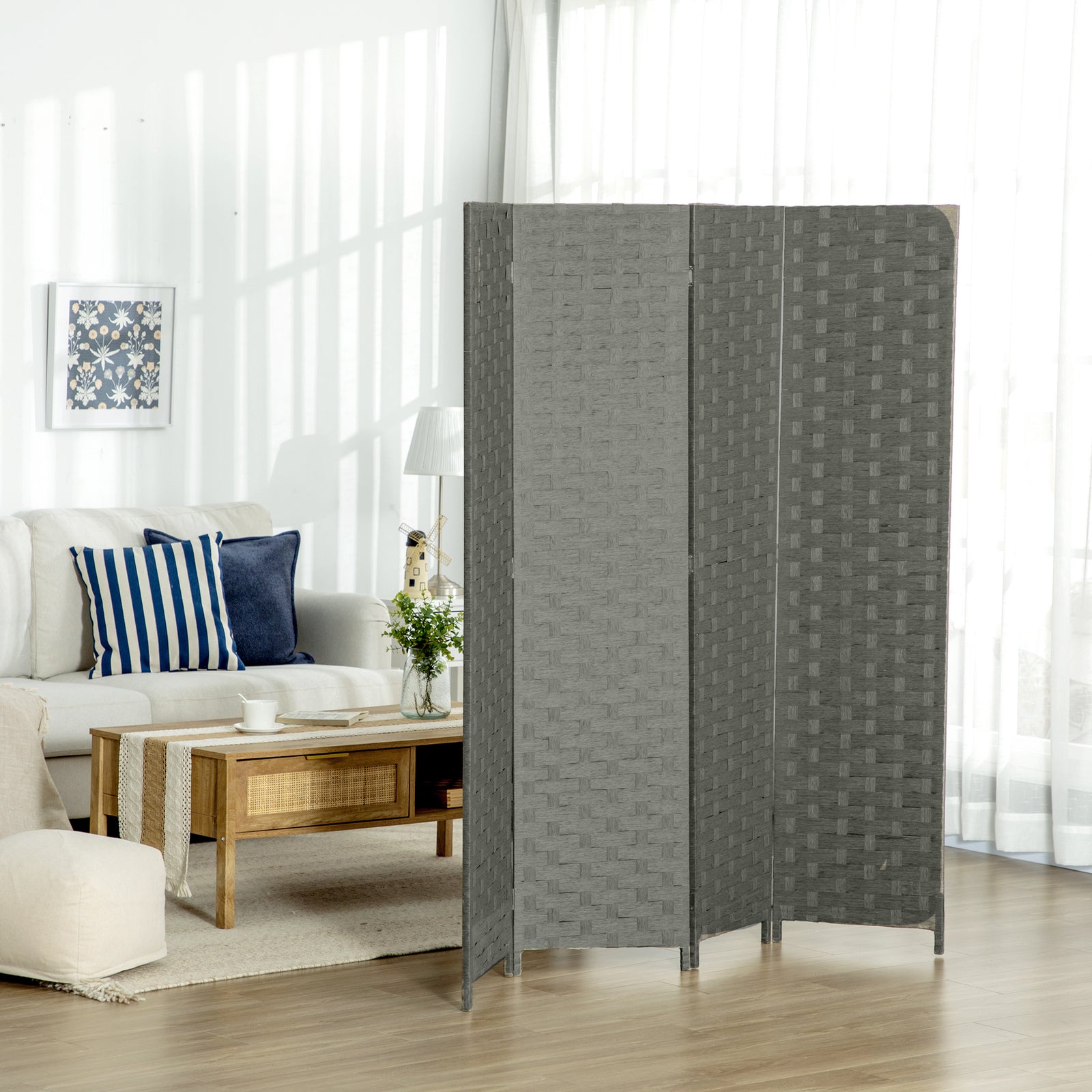 4 Panel Folding Room Dividers For Wall Privacy Screen Panels | One Size | Gray