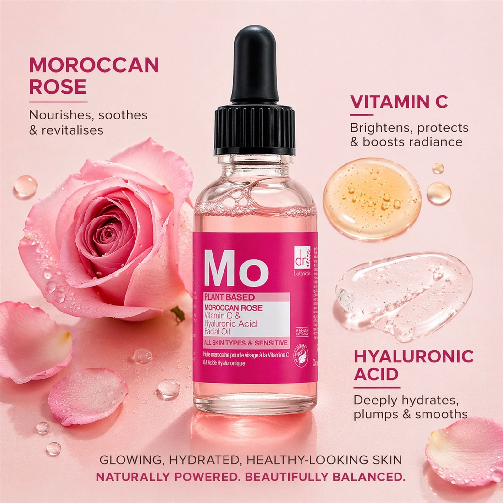 Moroccan Rose Anti-ageing Facial Oil With Hyaluronic Acid & Vitamin C 30ml For Plumping And Moisturising