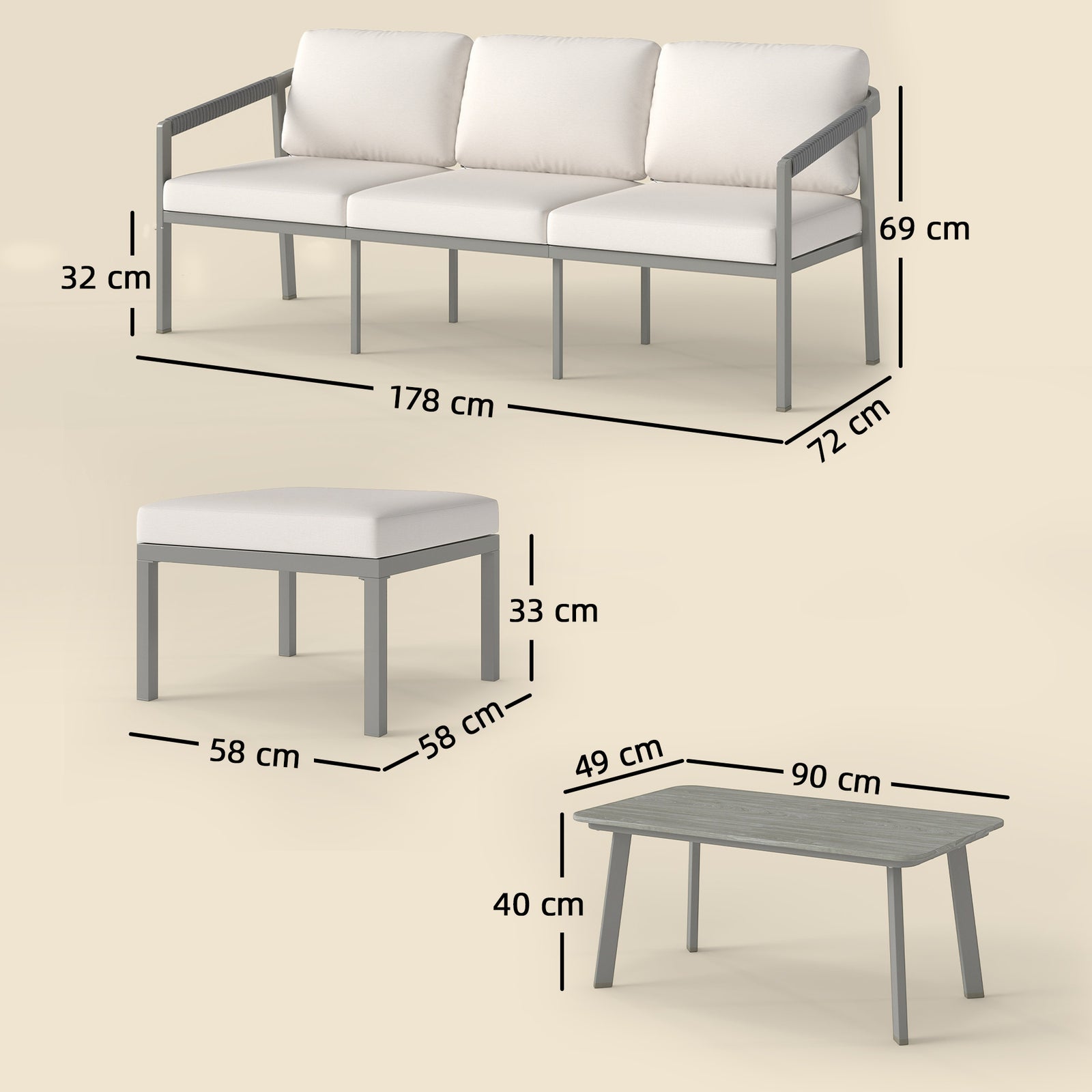 3 Piece Garden Dining Set, Outdoor Patio Furniture, Grey