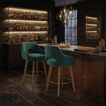 Set Of 2 Swivel Chenille Upholstered Bar Stools With Wooden Legs | Green