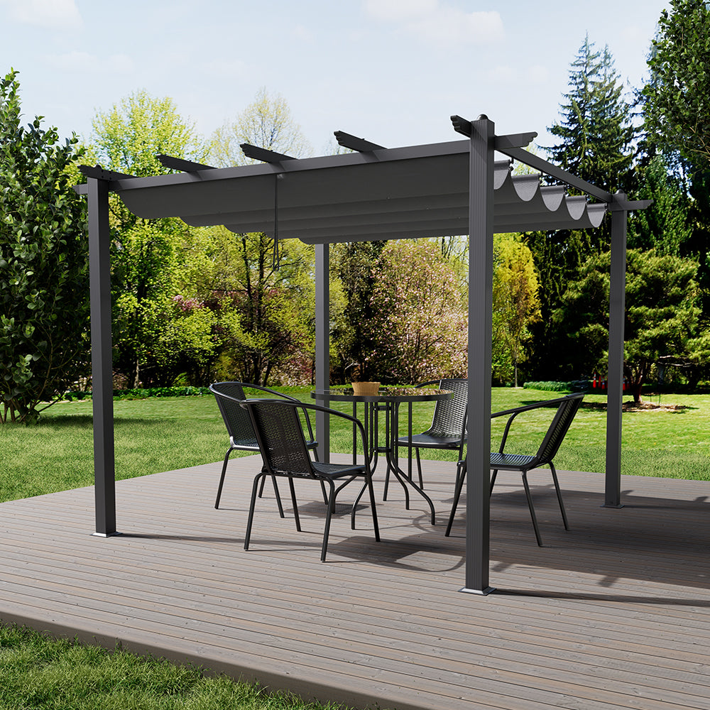 3m X 3m Aluminium Pergola With Retractable Roof,pa-coated Polyester Canopy，outdoor Garden Gazebos Water-resistant