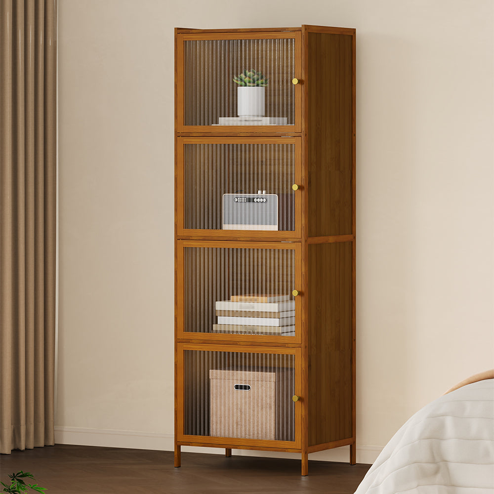 Versatile 4-tier Storage Cabinet With Transparent Doors,bamboo & Mdf Freestanding Organizer For Small Spaces