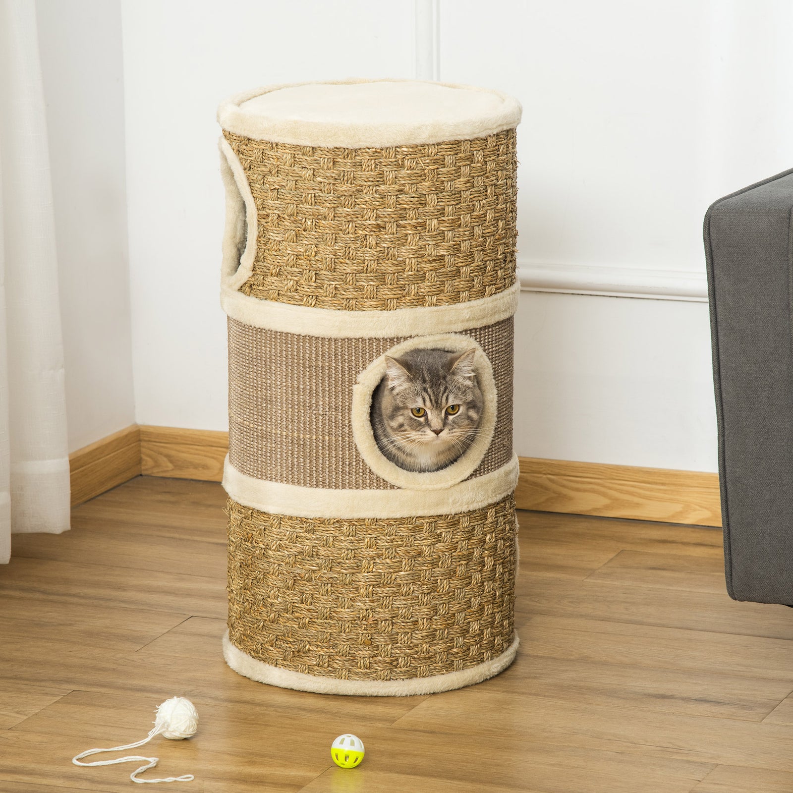Cat Scratching Barrel Kitten Tree Tower With Sisal And Seaweed Rope
