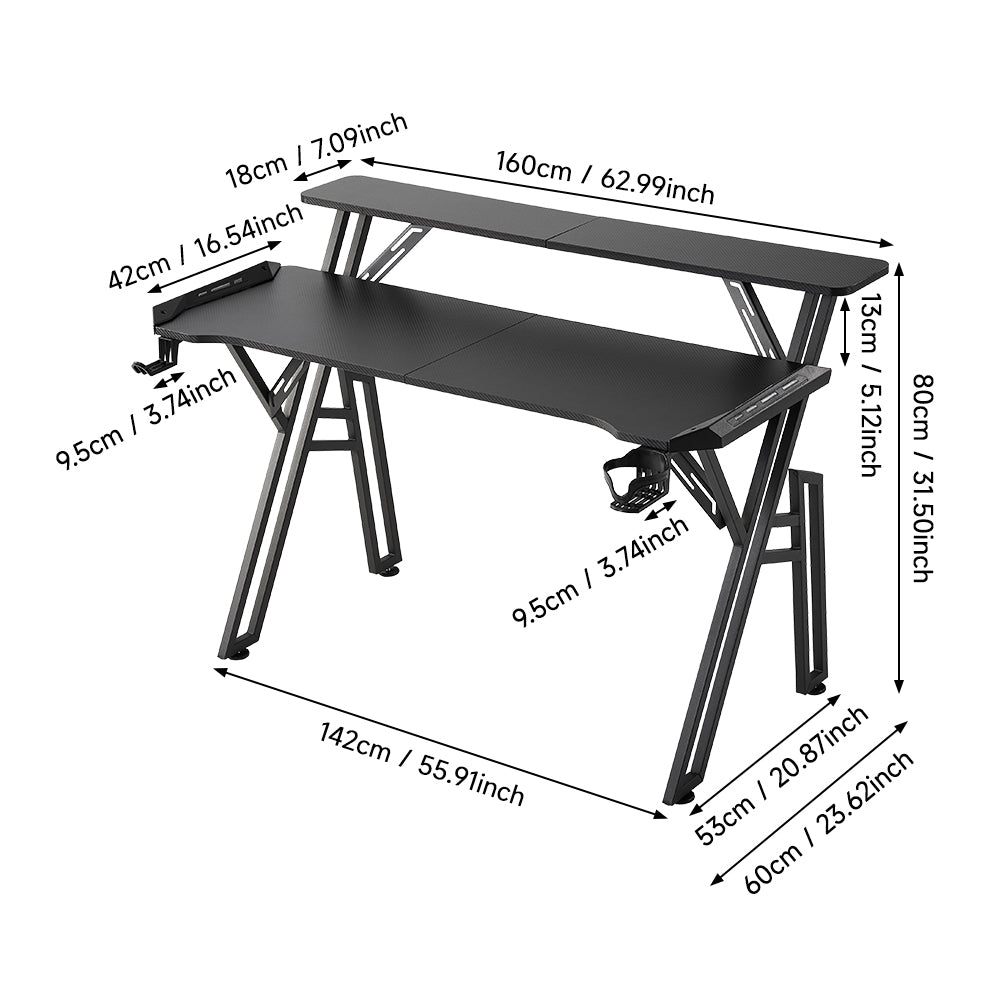 2-tier Gaming Desk With Mouse Pad, Cup Holder & Headphone Hook Sturdy Computer Table With Rgb Led Lights, App & Remote Control 120/140/160cm W | Large