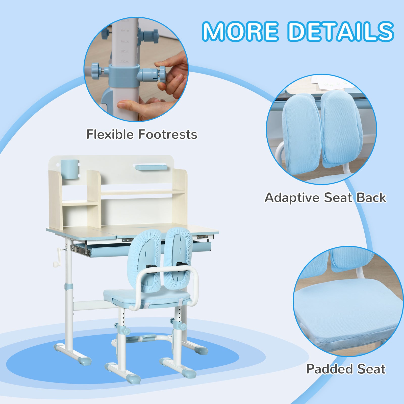 Kids Desk And Chair Set With Storage Shelves, Washable Cover | Blue