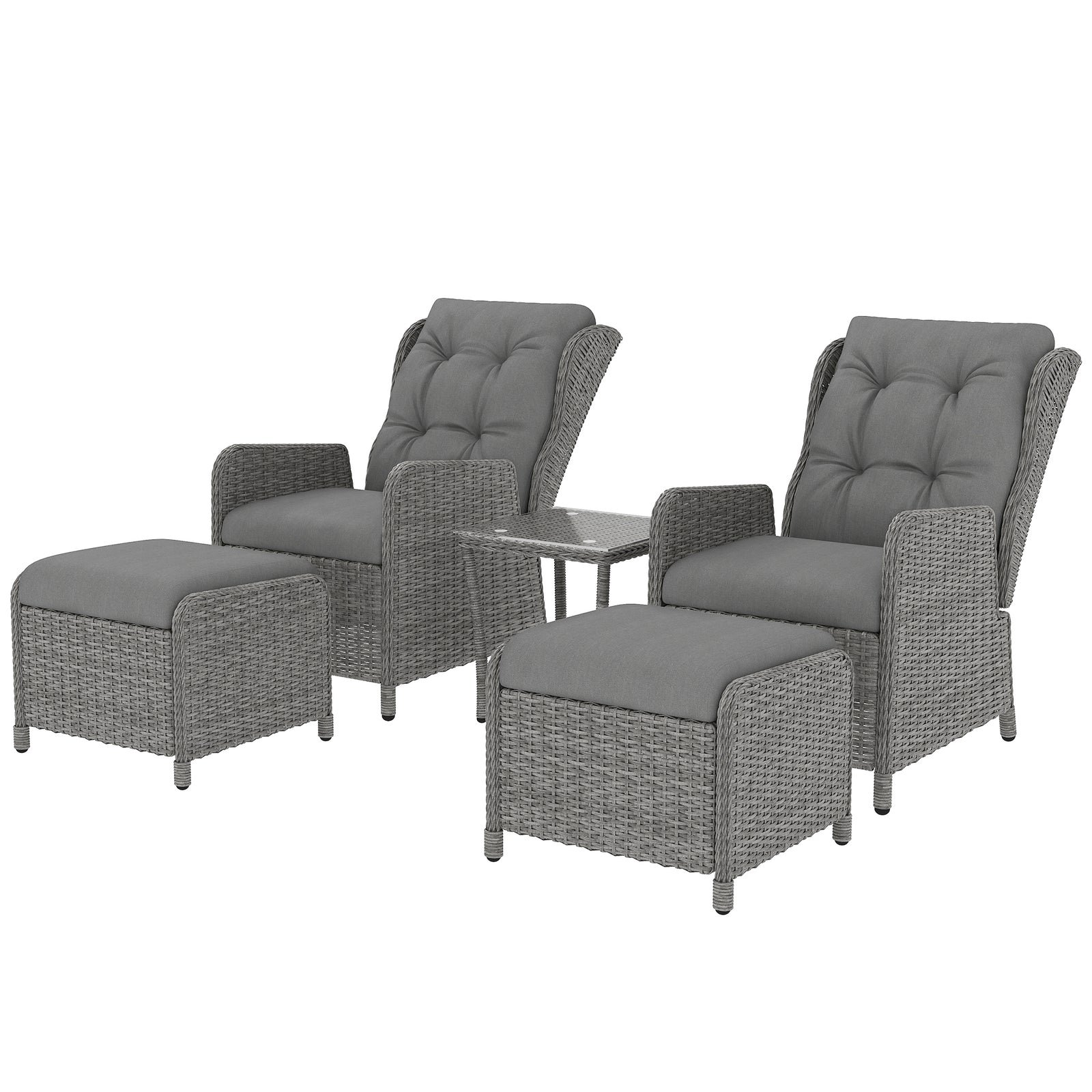 Recliner Rattan Garden Furniture W/ Two-tier Glass Top Table | Light Grey