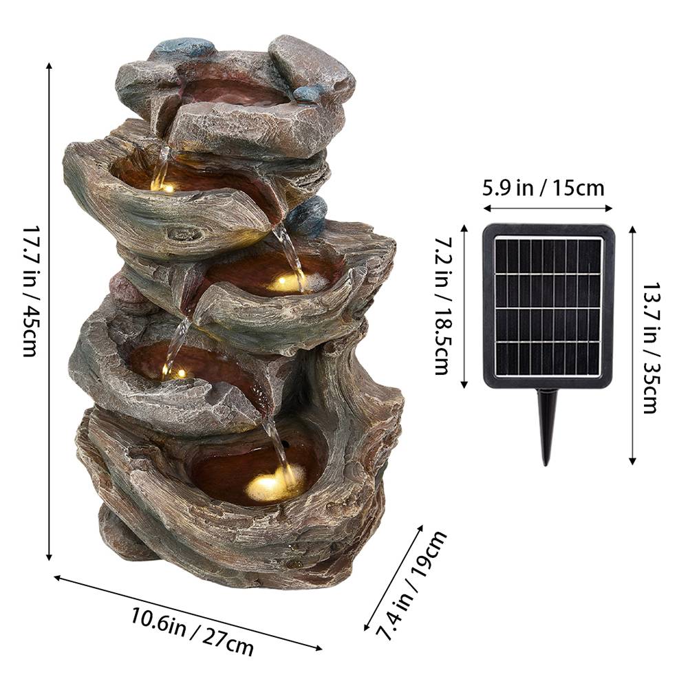 Tiered Wooden-effect Water Fountain With Warm Led – Solar Outdoor Garden Decor