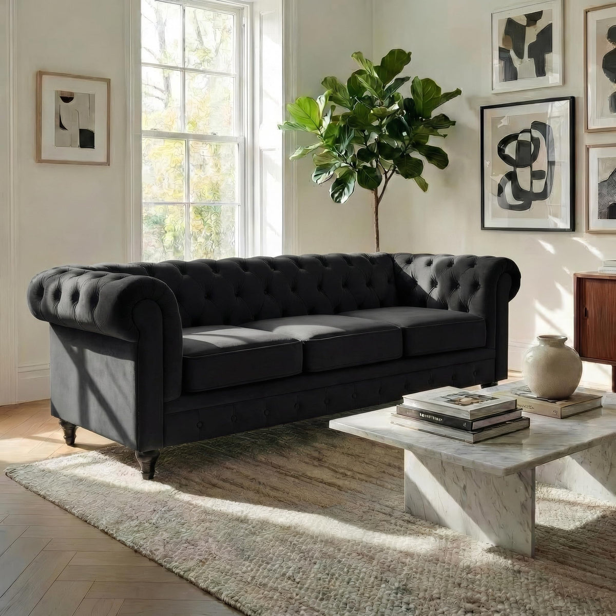 Chesterfield Scroll Arm Velvet Sofa 3 Seater | Black