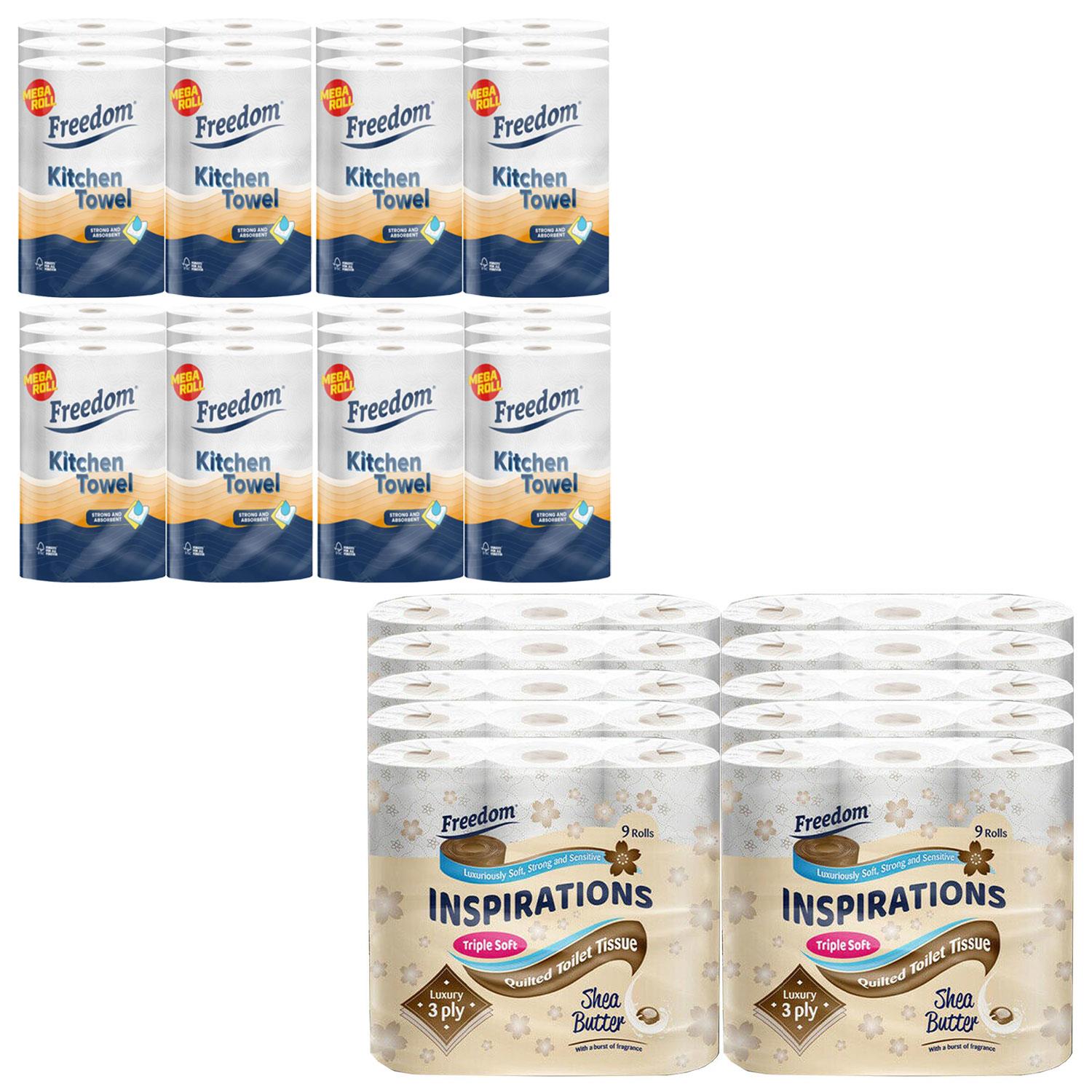 Freedom Shea Butter 3-ply 90 Rolls + Rhino Jumbo Kitchen Towels 24 Rolls