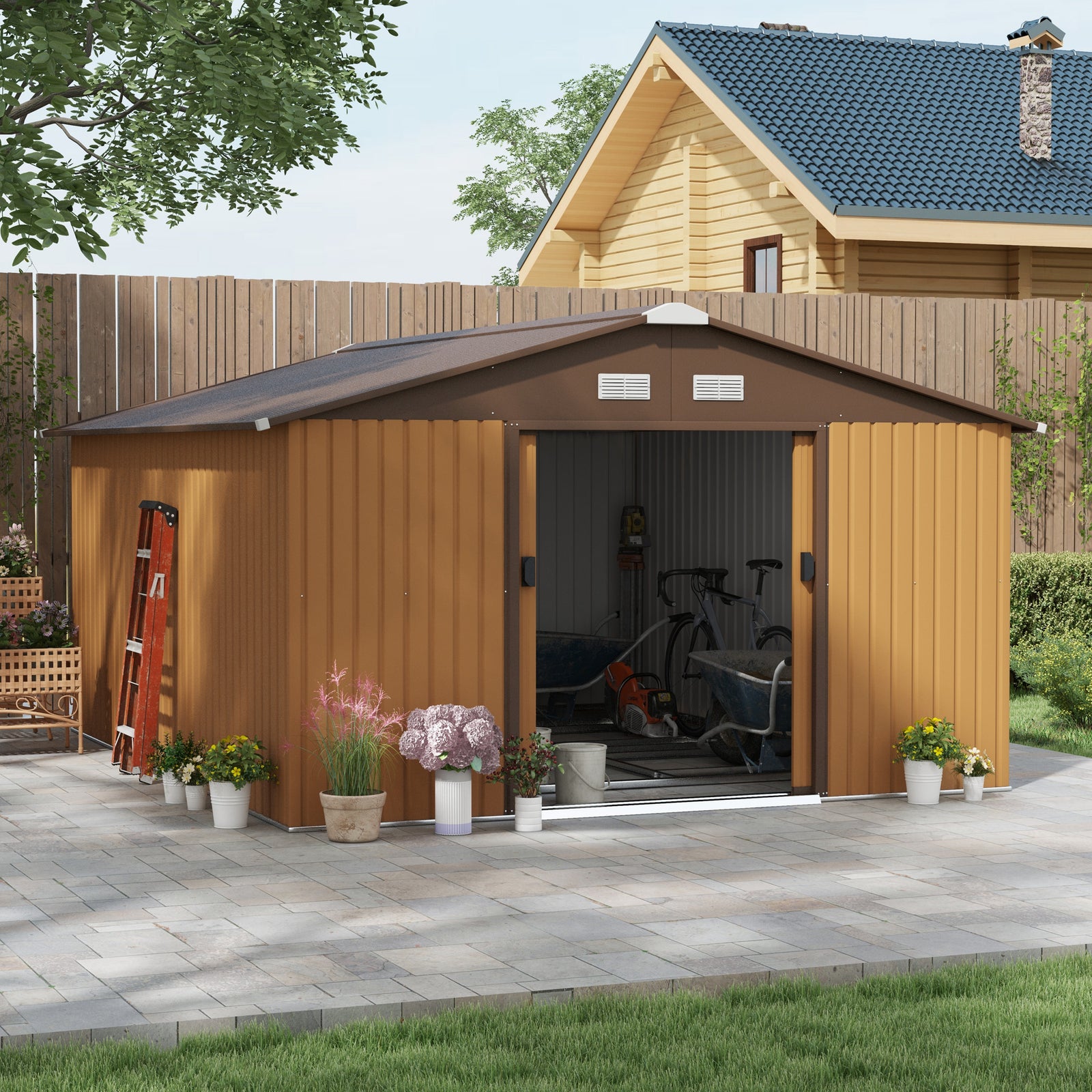 Garden Shed Storage Unit With Locking Door Floor Foundation | Large | Light Yellow