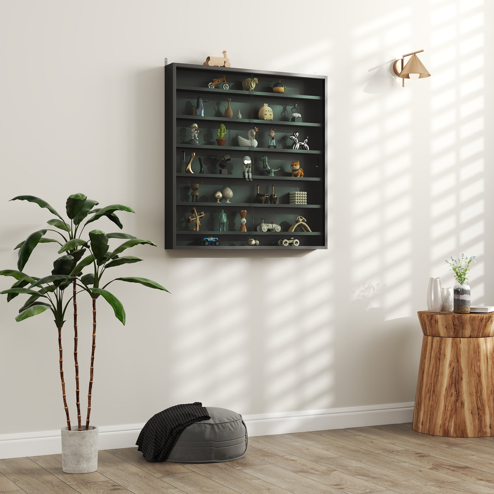 7-tier Wall Display Cabinet W/ Shelves Glass Doors | Black