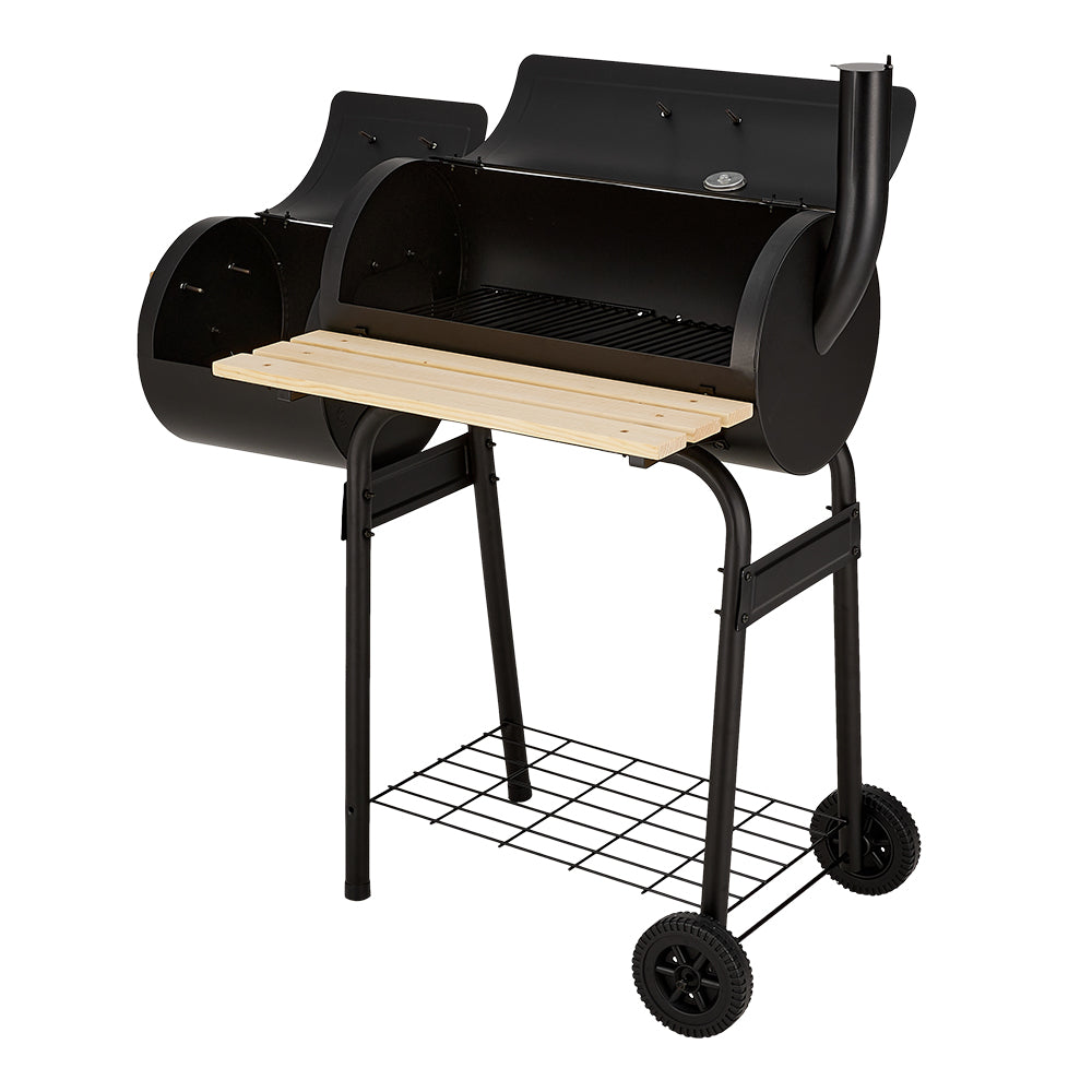 Outdoor Charcoal Bbq Smoker Grill With Side Fire Box, Built-in Thermometer, Wooden Prep Shelves, Storage Rack And Wheels