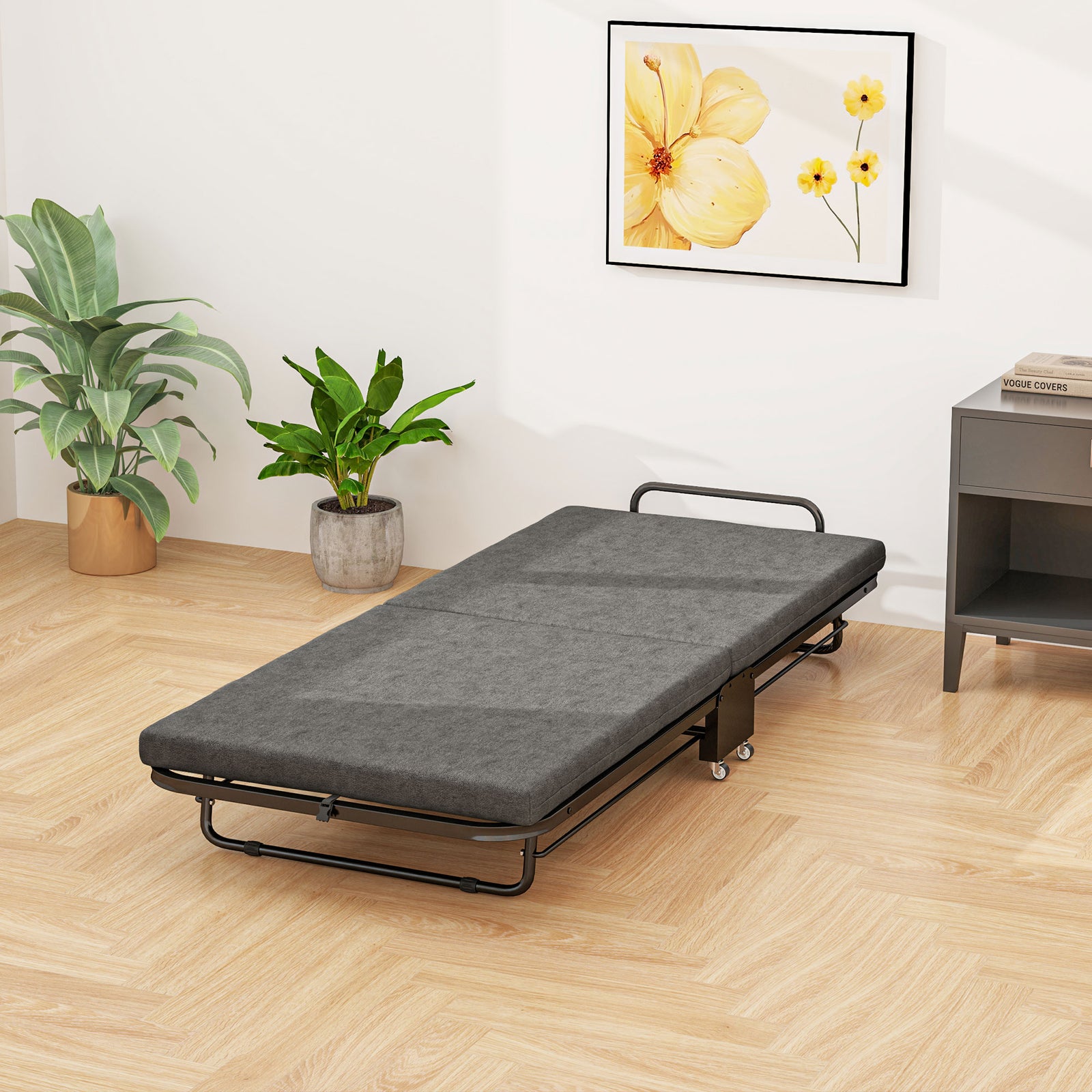 Single Folding Bed With Mattress Foldable On Wheels
