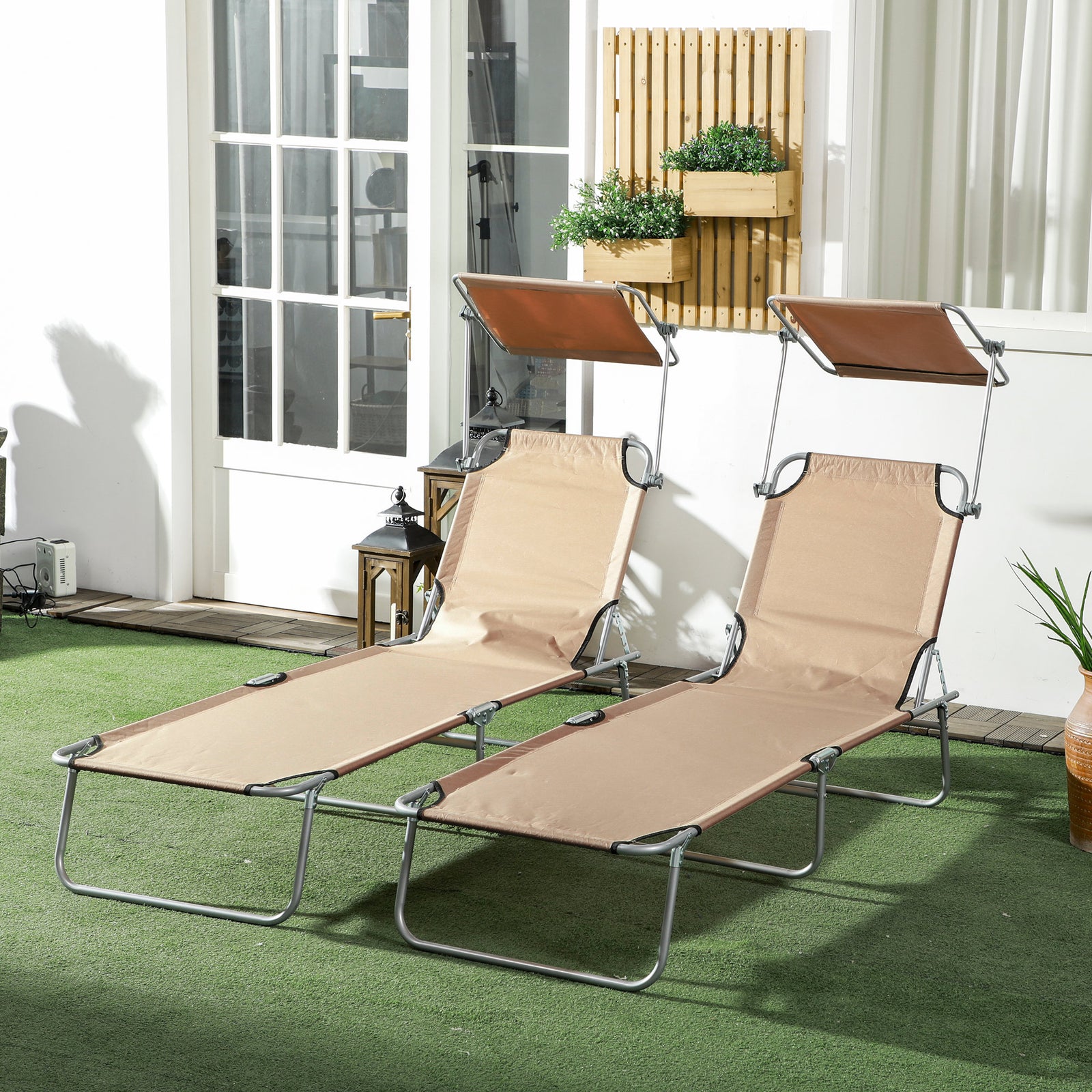 Reclining Sun Lounger Folding Recliner Garden Chair | Set-of-2 | Brown