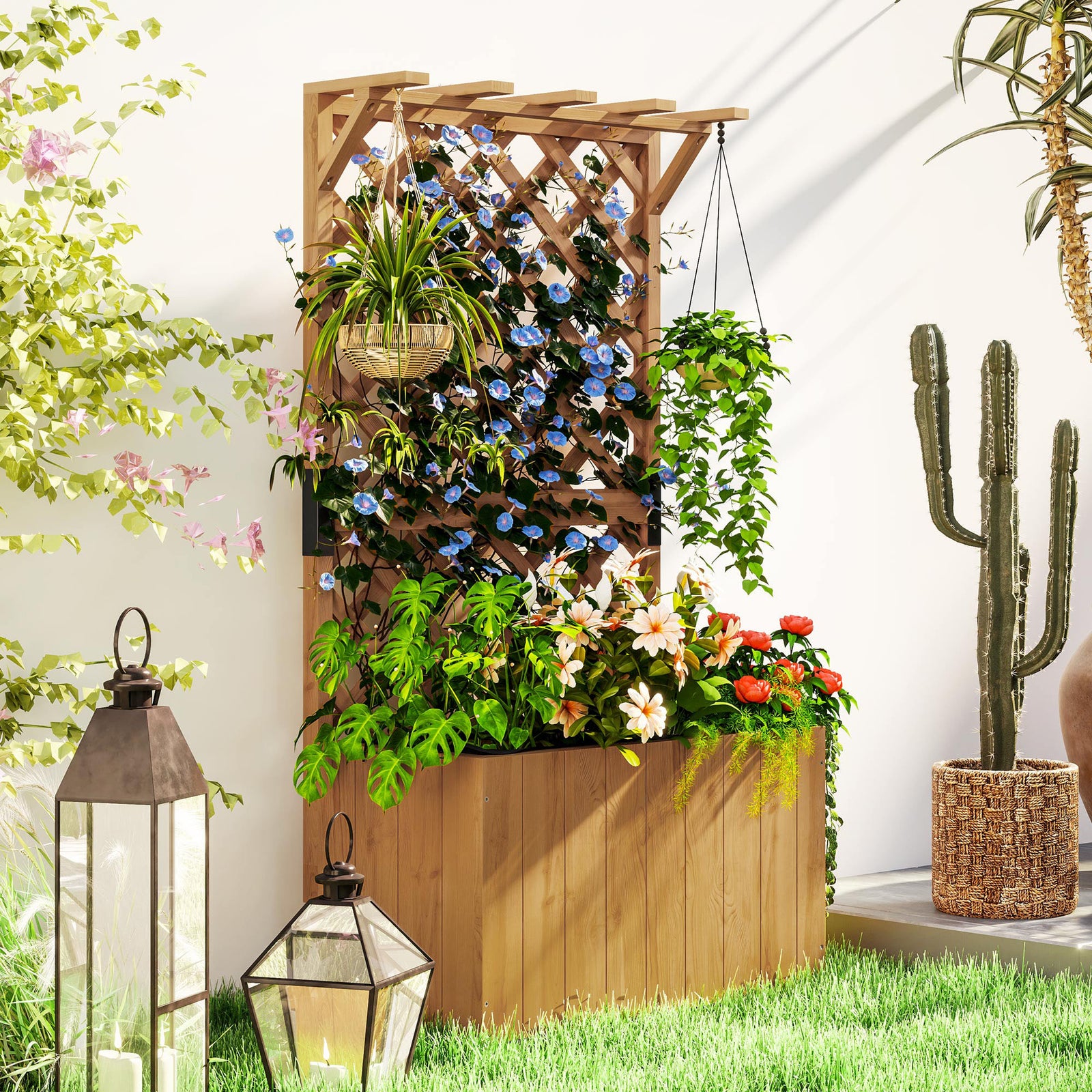 Wooden Planter W/ Trellis And Drainage Holes | Natural