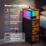 Bedside Table With Led Light Charging 3 Fabric Drawers Storage Brown | Brown