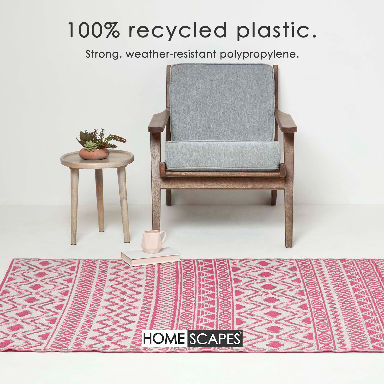 Luxury Outdoor Rug Waterproof Reversible For Garden Patio 100% Recycled, Pink Tia Aztec | 150cm x 240cm | Pink
