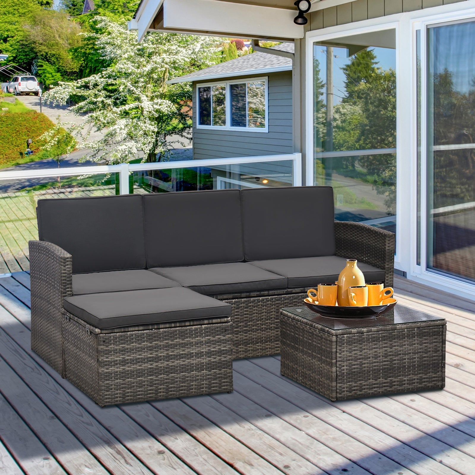 Outsunny 3 Pcs Outdoor Pe Rattan Corner Sofa Set With Thick Cushions