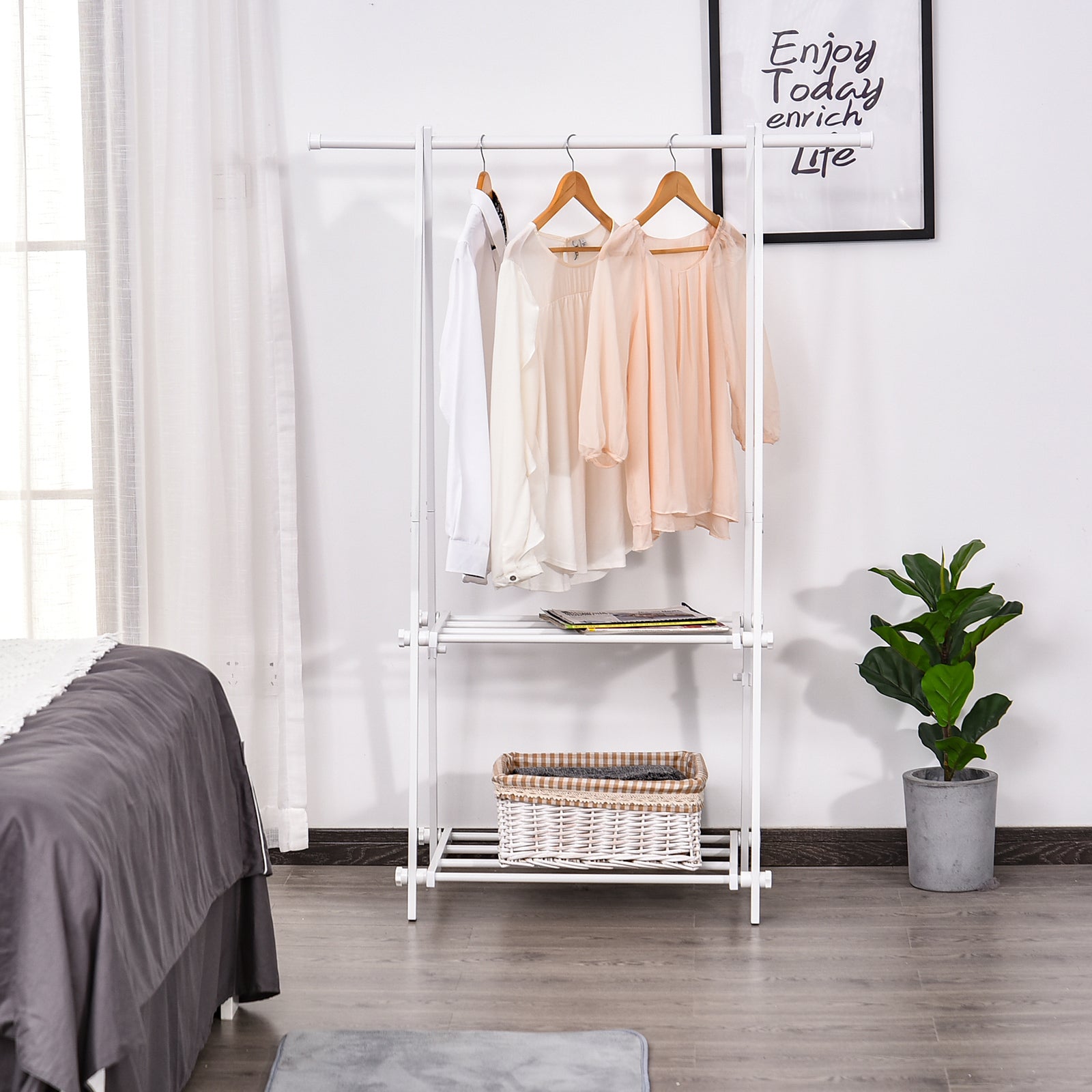 Freestanding Steel Clothes Hanger 2 Shelves Open Wardrobe